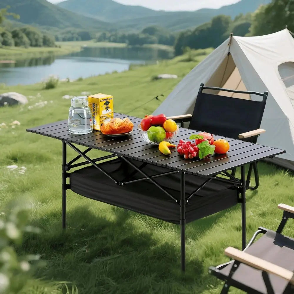 Portable Folding Camping Table, 46 Person Aluminum Outdoor Picnic Table With Storage Carry Bag, Adjustable Height Lightweight C