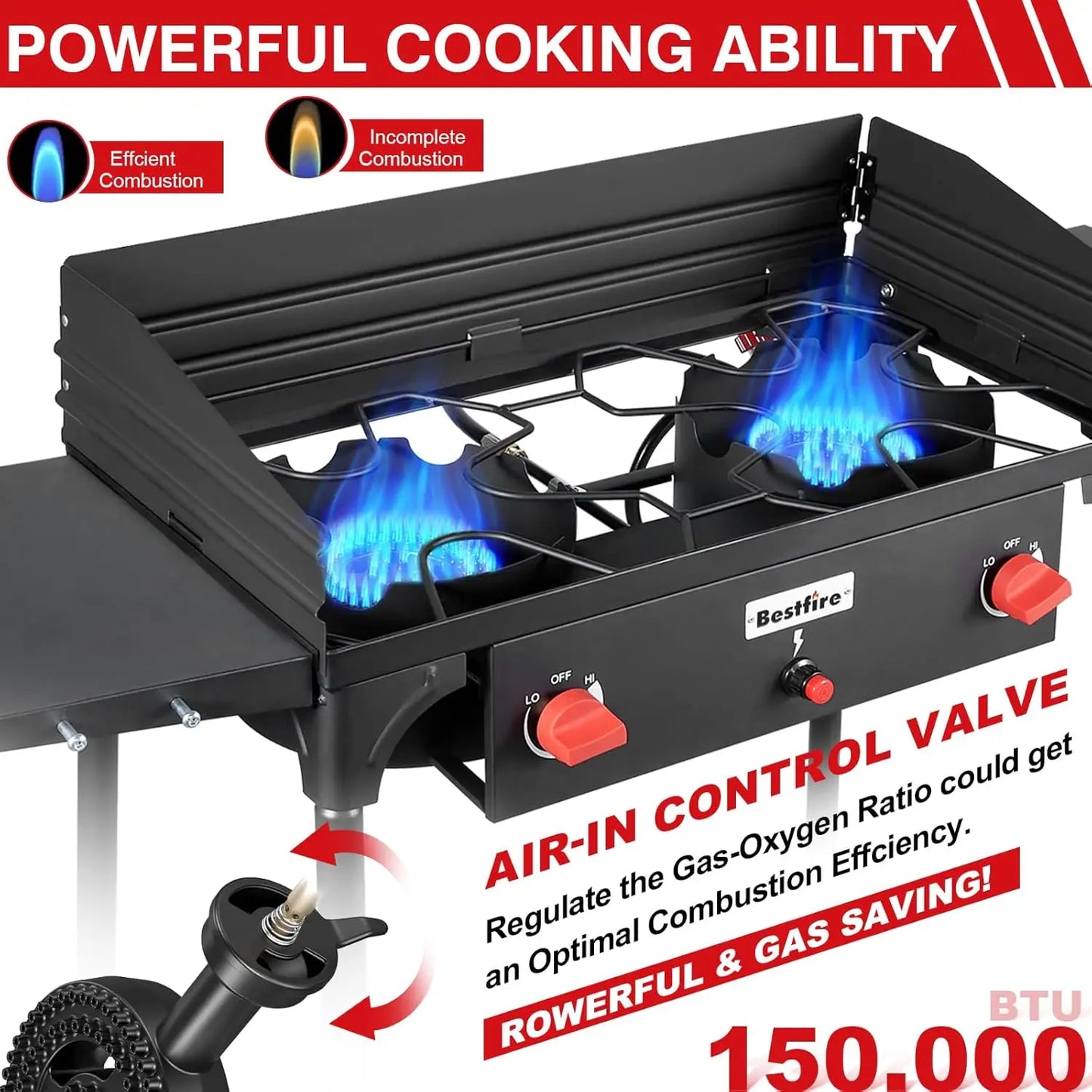 2 Burner Camping Stove with Windscreen& Side Shelves, Bag, Auto Ignition Button,Regulator,150,000