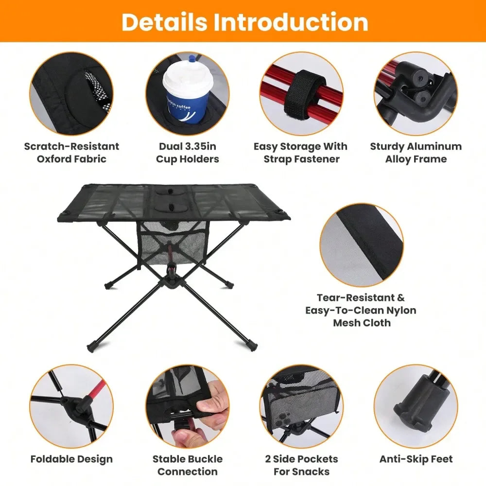 Folding Camping Table Foldable Beach Table Aluminum Alloy Frame With 2 Cup Holders 2 Side Pockets Carry Bag For Picnic Camping