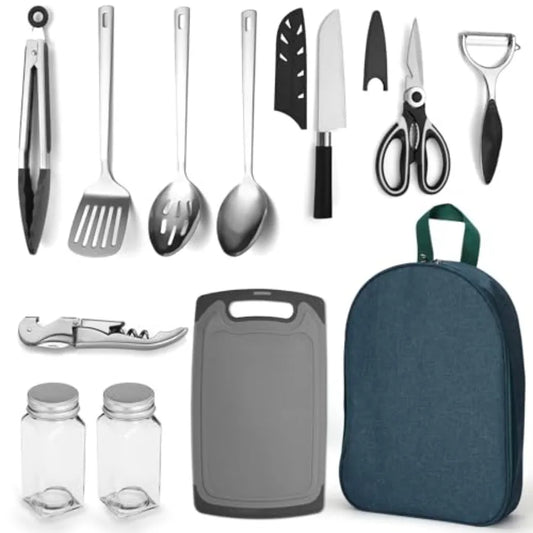 Camping Kitchen Cooking Utensil Set 10 Piece, Stainl Steel Outdoor Cooking and Grilling Utensil Organizer Travel Set Perfect fo