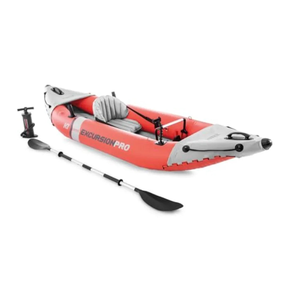 Excursion Pro K1 Inflatable Kayak Set for 1-Person: SuperTough PVC, Gray/Black, 220lb Capacity, Adjustable Bucket Seat Deluxe 8