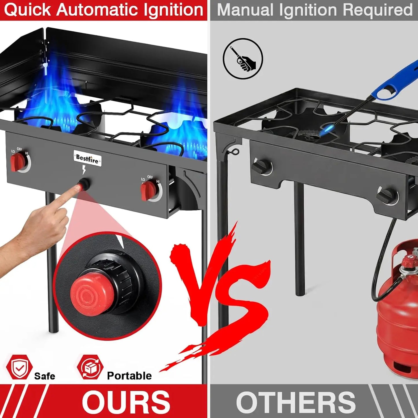 2 Burner Camping Stove with Windscreen& Side Shelves, Bag, Auto Ignition Button,Regulator,150,000