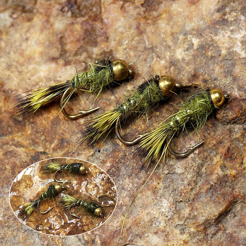 6pcs Barbed Tungsten Bead Head Jig Nymph Fly Pheasant Tail Fast Sinking Wet Euro Nymph Fly Trout Fishing Lures Baits 14-18#
