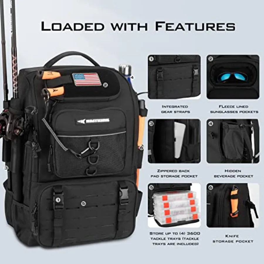 KarryAll Fishing Tackle Backpack with Rod Holder 4 Tackle Boxes, 40/26L Tackle Bag Storage Fishing Gear and Equipment