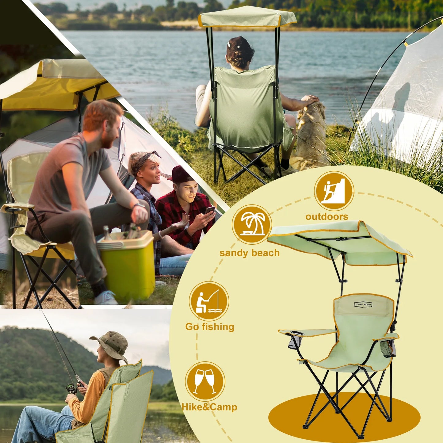 2-piece set of foldable camping chairs with sunshade, Double cup holder outdoor lawn chair, Heavy-duty portable folding chair