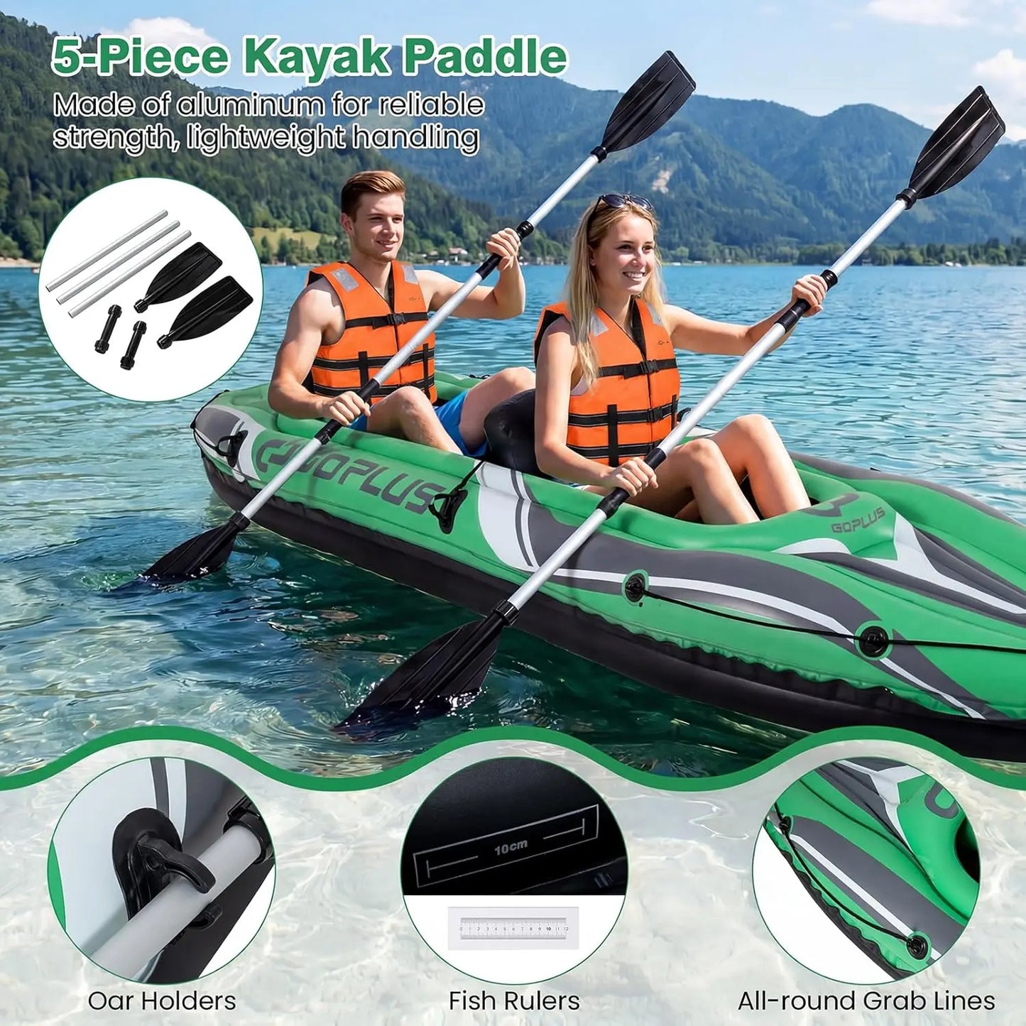 11.5 Ft Heavy Duty Inflatable Tandem Kayak for Two Adults - Includes Aluminum Paddles, Seats, Footrest, Hand Pump - Blow Up Canoe for Fishing in Lake and River