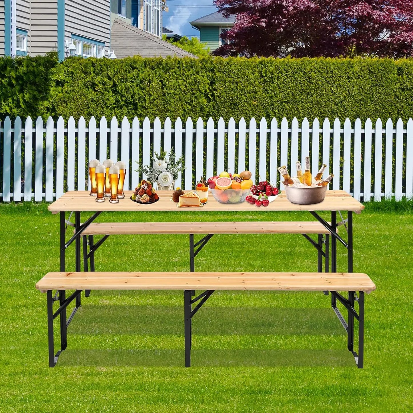 6 Foot Folding Picnic Table with Benches, Weather-Resistant Wood Beer Camping Table w/Carrying Handles, for Family