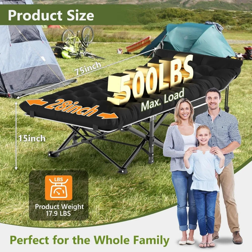 Slendor Camping Cot, Folding for Adults, Portable Sleeping Cot with Carry Bag, 1200D Oxford, Support 500lbs, Black