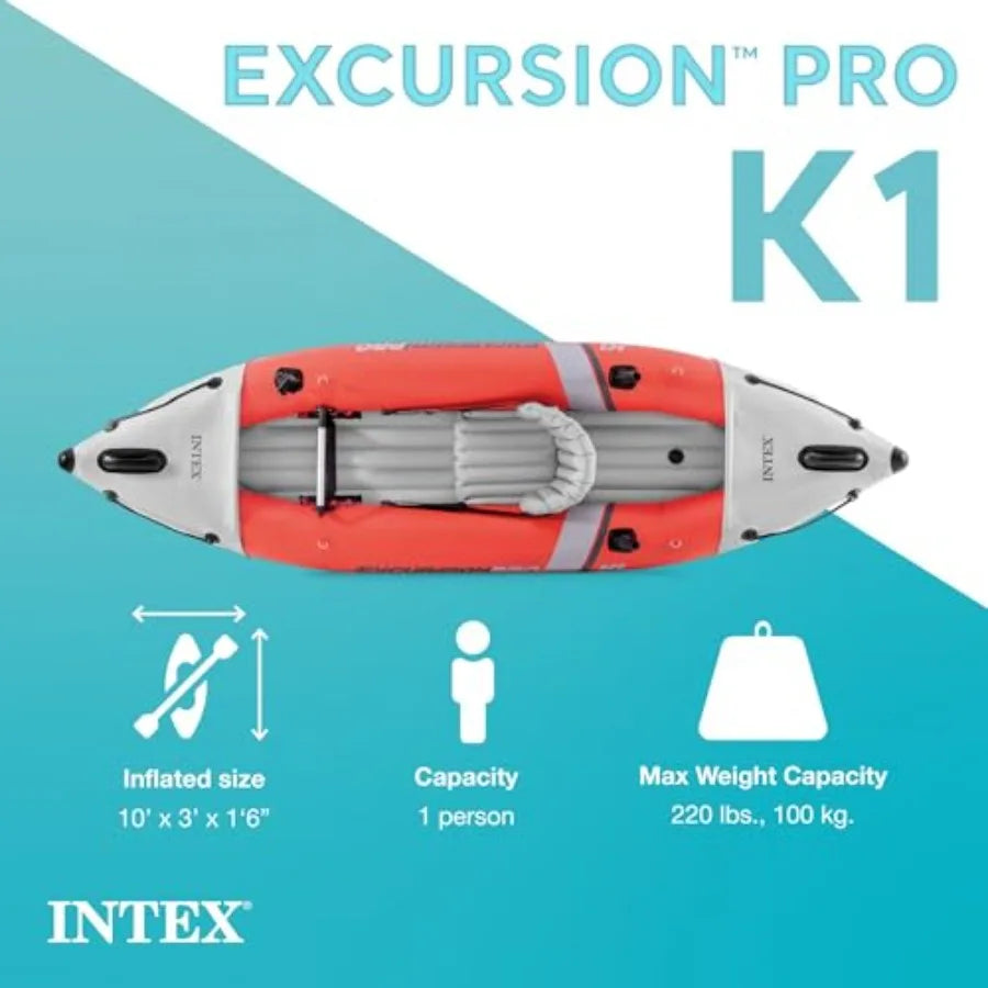 Excursion Pro K1 Inflatable Kayak Set for 1-Person: SuperTough PVC, Gray/Black, 220lb Capacity, Adjustable Bucket Seat Deluxe 8