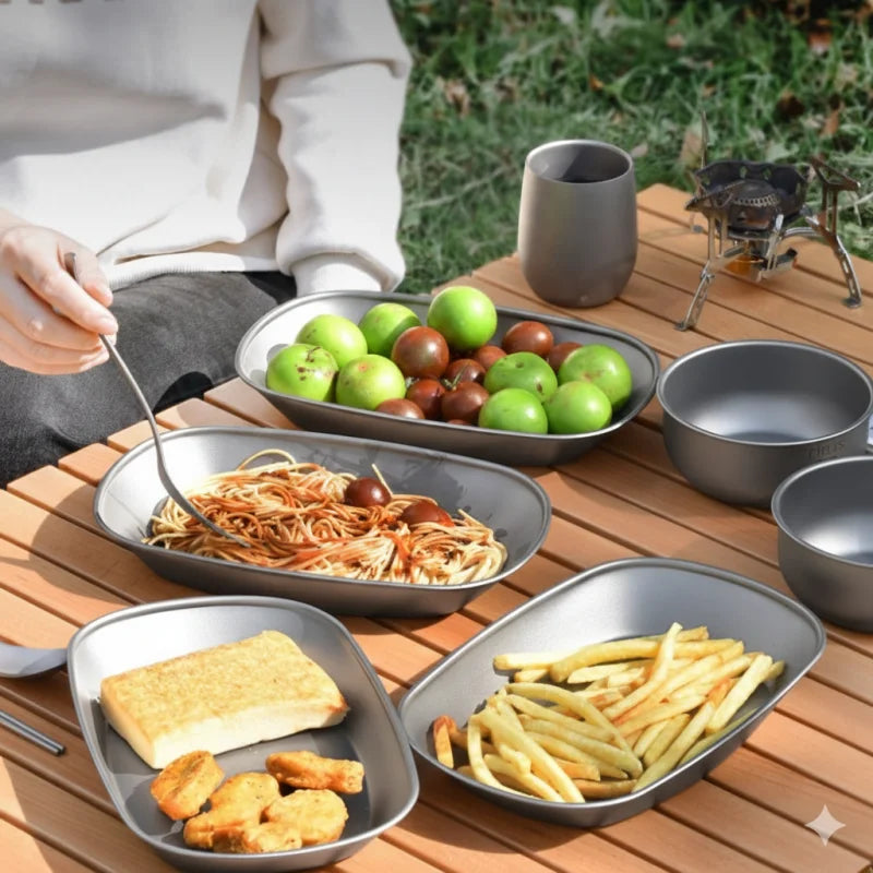 Titanium Camping Dinner Plate Ultralight Portable Plate for BBQ Fish Salad Fruit, Reusable Outdoor Tableware for Travel
