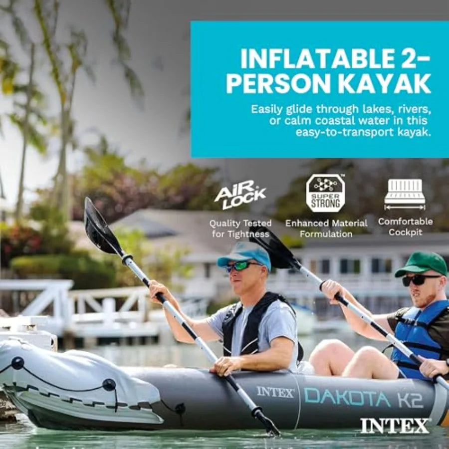 2-Person Inflatable Kayak Set for lakes and rivers, durable PVC material, gray-blue color, includes 86in oars and high-efficien
