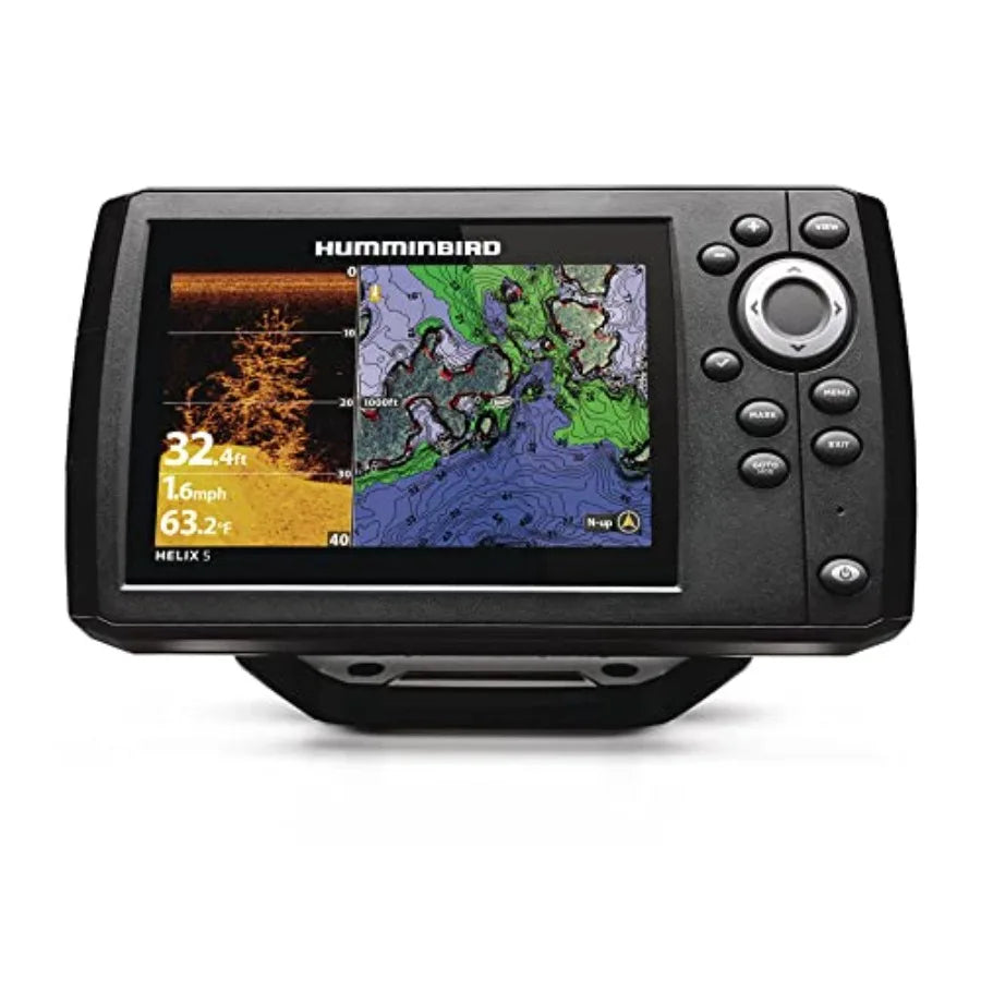 Helix 5 Fish Finder and Accessories Bundle for freshwater fishing, rugged plastic housing, black color, built-in GPS and CHIRP