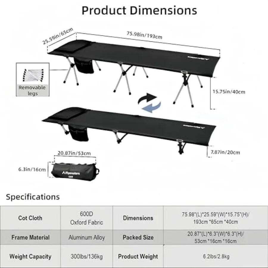 Camping Cot for Adults Height Adjustable Sleeping Cot Supports 300 lbs Lightweight Compact Foldable for Backpacking Hiking Trav