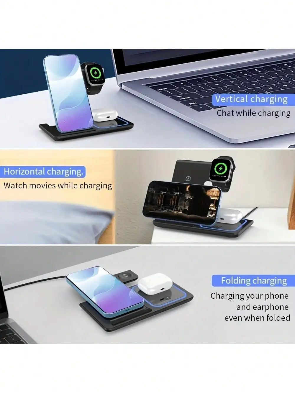 Wireless Charger 3-In-1 Charging Station,Wireless Charger Mobile Phone Holder, LED 3 in 1 Wireless Charger Station For iPhone 17 16 15 14 13 12 Pro Max Apple Watch 10/9/8/7/6/5 AirPods 3/2 Fast Charging Dock