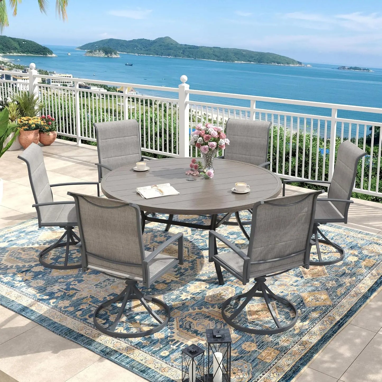 Outdoor Dining Set for 6, 50" Outdoor Dining Table with Umbrella Hole and Padded Textilene Patio Swivel Chairs, 7, Customized