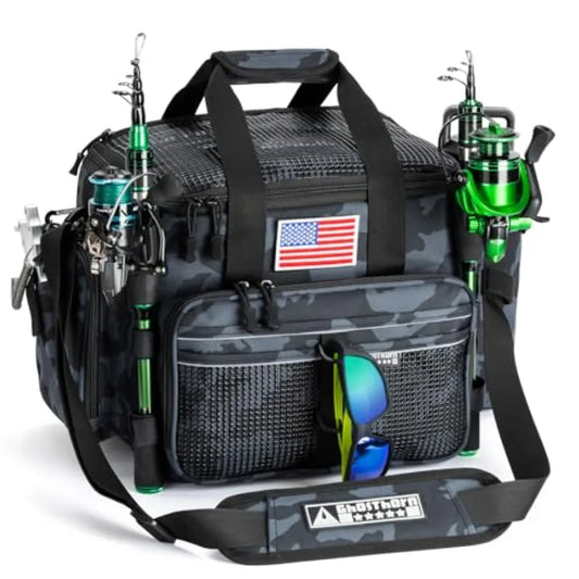 Fishing Tackle Bag with Rod Holder Saltwater Freshwater Resistant Large Tackle Box Bag - Adjustable Padded Shoulder S