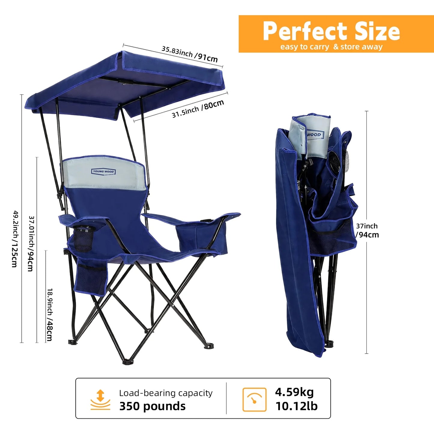 YOUNG WOOD Foldable Canopy Camping Chair Blue with Cooler Bag, Portable Outdoor Lawn Chair with Sun Shade, Cup Holder & Side Pocket, Heavy Duty Folding Beach Chair for Picnic Fishing Patio