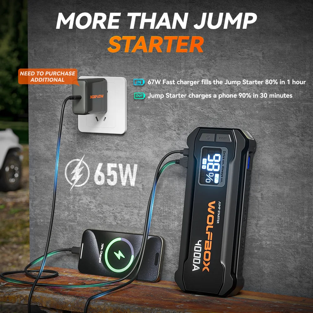 WOLFBOX JS24 4000A Portable Jump Starter Battery Pack Power Bank 24000mAh for 10L Gas 10L Diesel Engine with Booster
