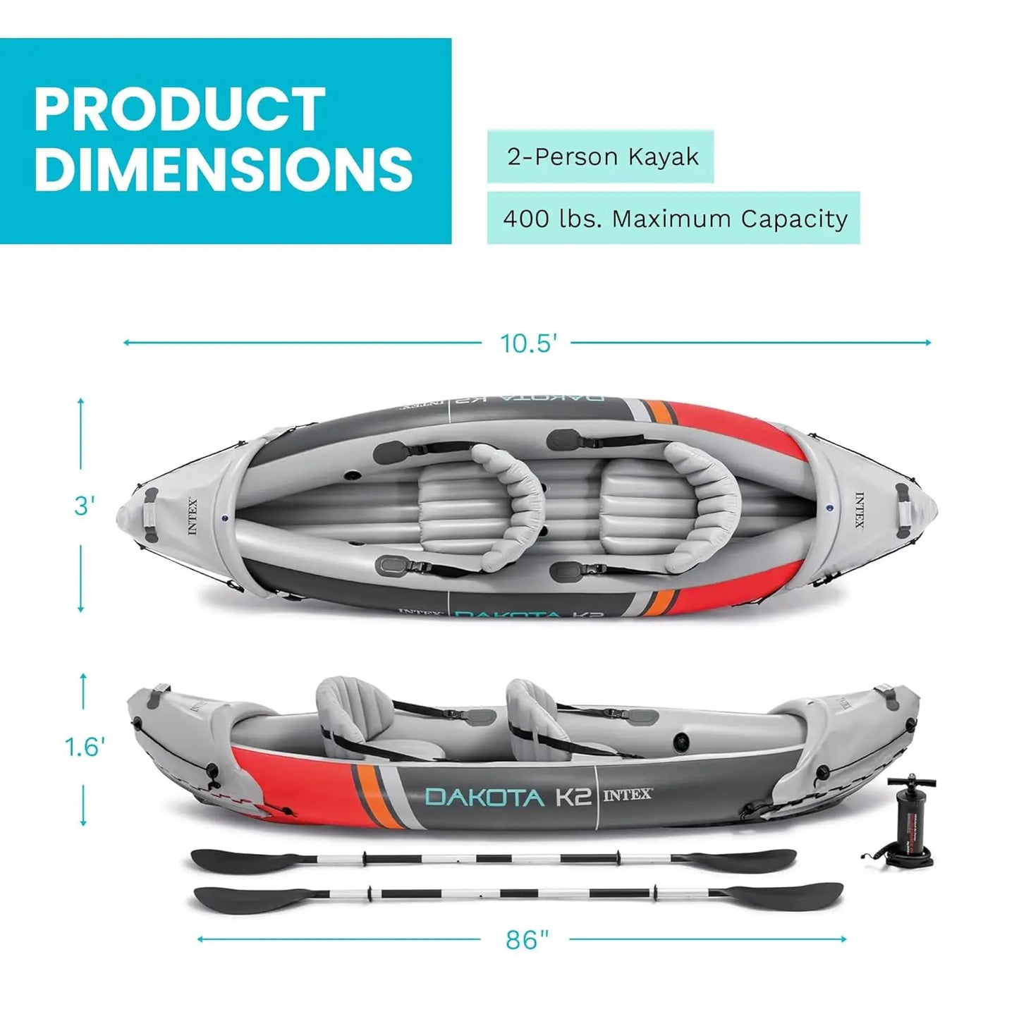 2-Person Inflatable Kayak Set, Dakota K2 with 86in Oars and Pump, Custom