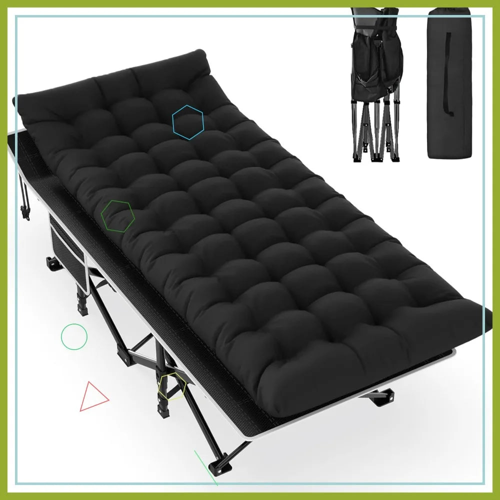 Slendor Camping Cot, Folding for Adults, Portable Sleeping Cot with Carry Bag, 1200D Oxford, Support 500lbs, Black