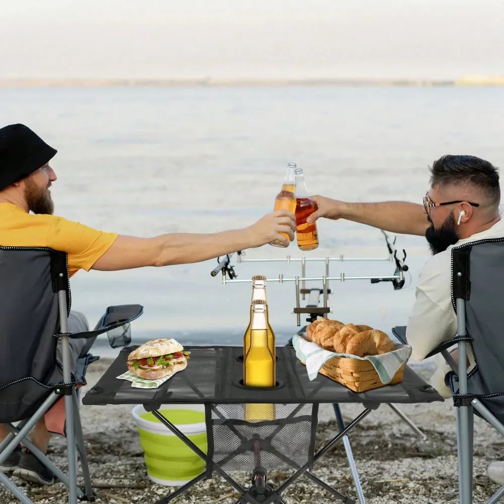 Folding Camping Table Foldable Beach Table Aluminum Alloy Frame With 2 Cup Holders 2 Side Pockets Carry Bag For Picnic Camping