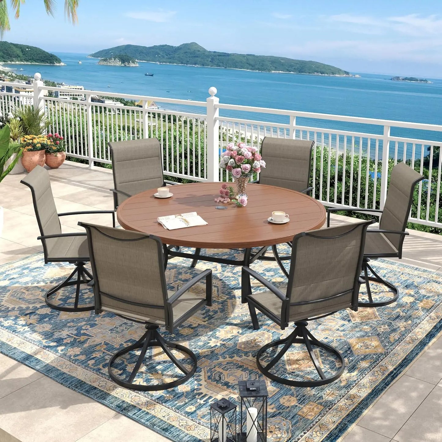 Outdoor Dining Set for 6, 50" Outdoor Dining Table with Umbrella Hole and Padded Textilene Patio Swivel Chairs, 7, Customized