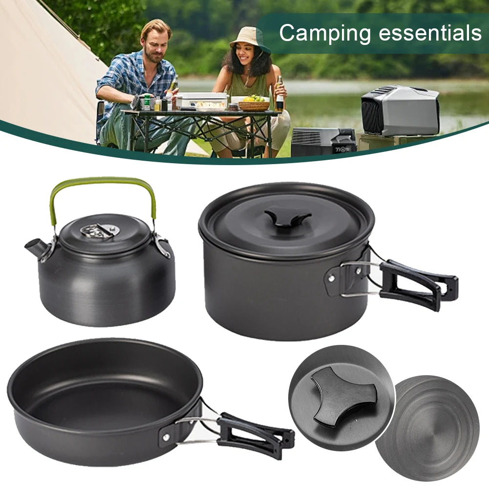 3PCS Outdoor Camping Pot Set Pot Pan Kettle Set Portable Cooker Set with Mesh Bag for Camping Backpacking Outdoor Cooking Picnic