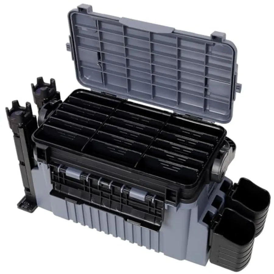 Dual-Layer Fishing Tackle Box Organizer 11L Waterproof Tacklebox for Fishing with Adjustable Compartments, 2 Rod Holders, 2 Cup