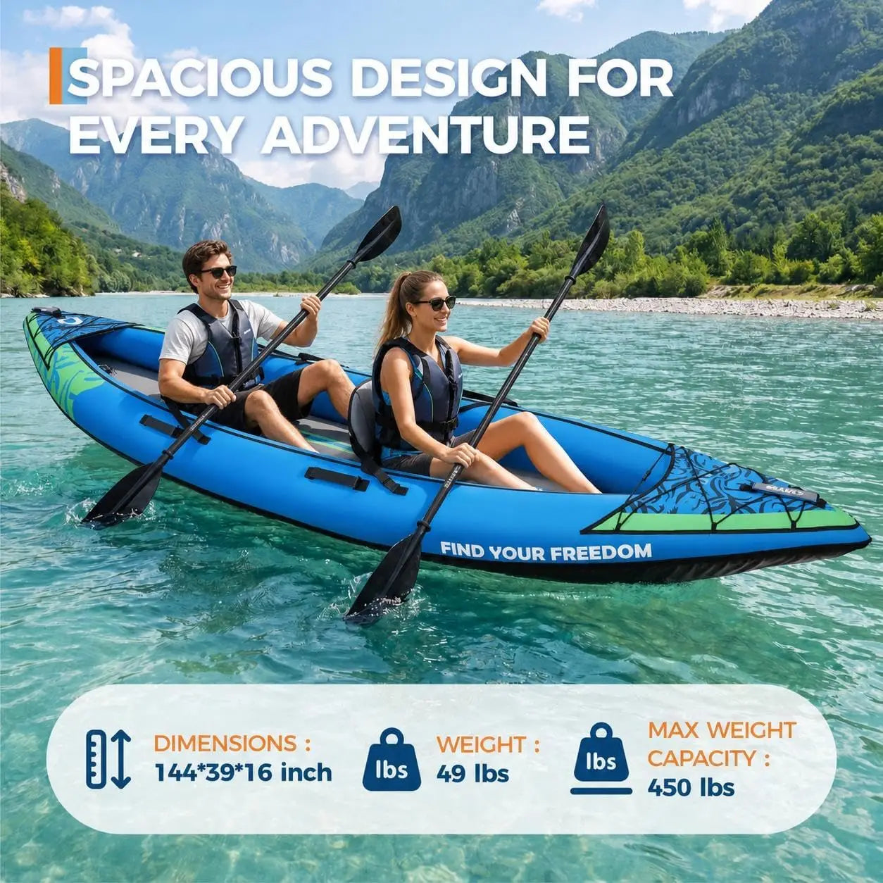 Heavy-Duty PVC Tandem Inflatable Kayak with Adjustable Seats & Backrest, Aluminum Paddles, High-Output Pump – Portable Fishing & Recreational Kayak for Adults & Kids, Ideal for Lake, River & Ocean