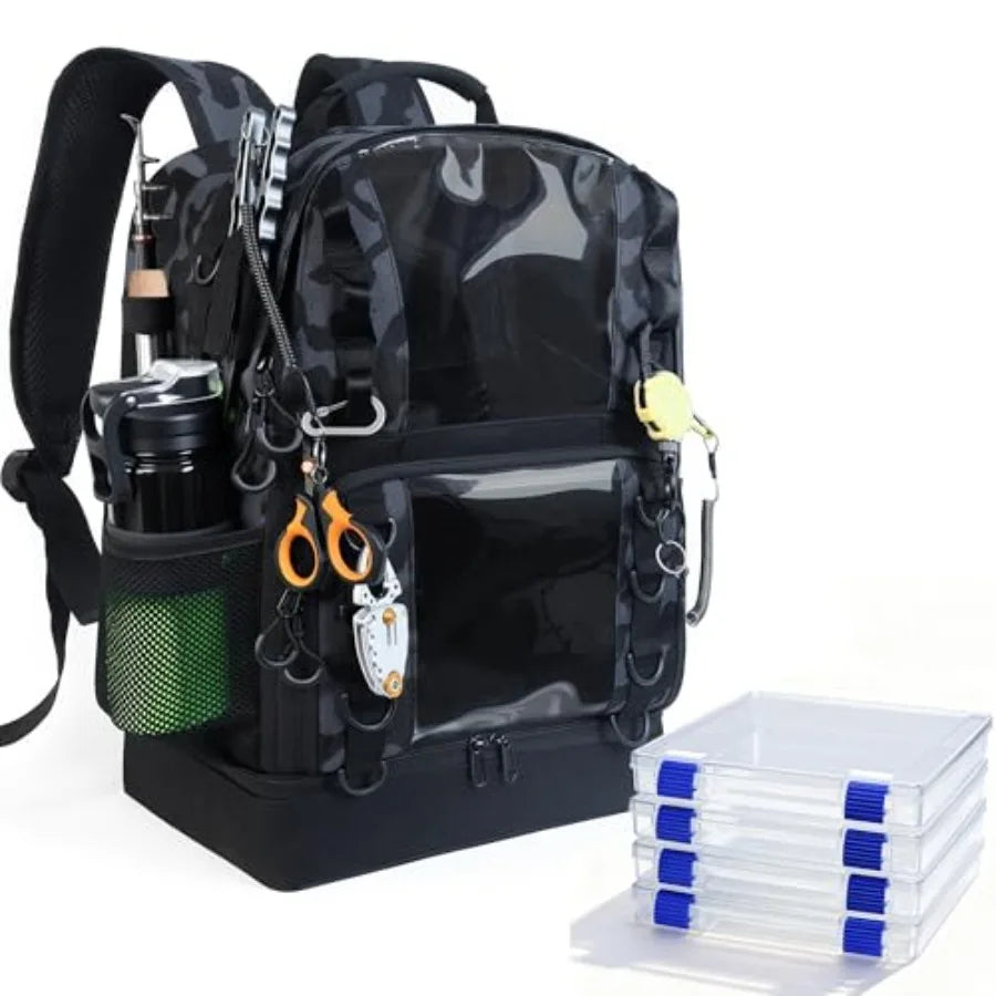 Fishing Tackle Backpack with 4 Tackle Boxes, 45L Large Tackle Bag with 2 Rod Holders and Clear Window, Outdoor Fishing Backpack