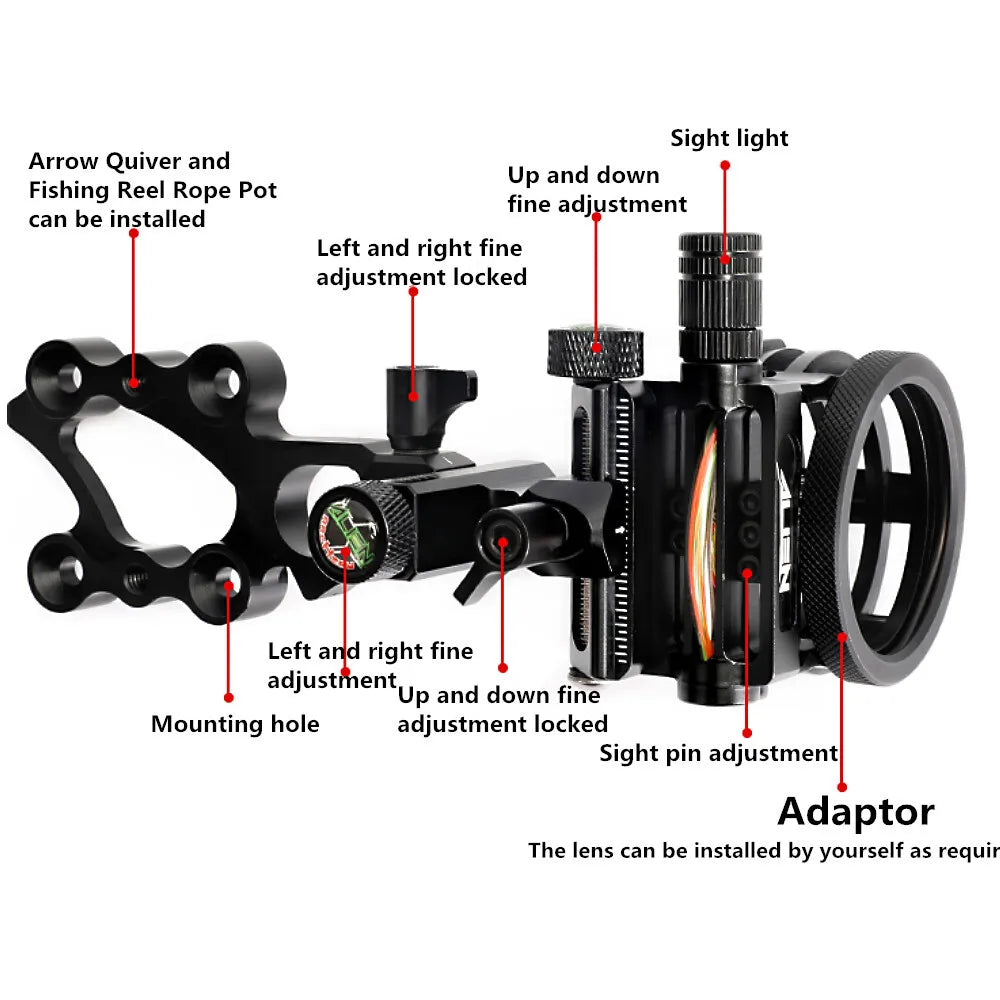 Five Pin Compound Bow Sight Archery Sight CNC Aluminum Alloy 0.019“ Optical Fiber Left Right Hand Hunting Bow Accessories