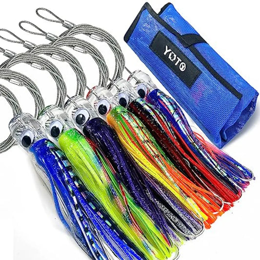 Trolling Lure Saltwater6.5/9 inch 6 pcs Squid Skirted Deep Sea Fishing Lure kit Tuna Marlin Wahoo Shark Mahi Trolling Fishing L