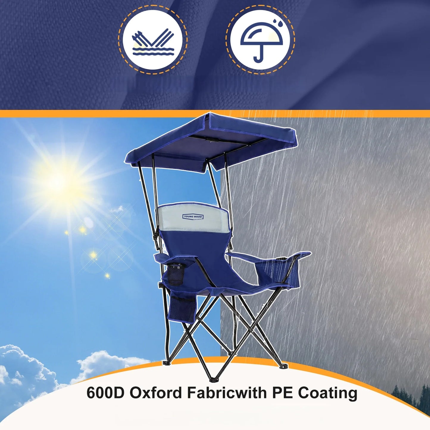 YOUNG WOOD Foldable Canopy Camping Chair Blue with Cooler Bag, Portable Outdoor Lawn Chair with Sun Shade, Cup Holder & Side Pocket, Heavy Duty Folding Beach Chair for Picnic Fishing Patio
