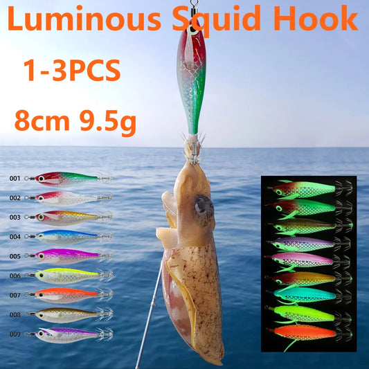 3-1Pcs Squid Jig Hook Fishing Lure Luminous 8cm 9.5g Artificial Fake Octopus Lures Wood Shrimp Cuttlefish Hard Bait Sea Tackle