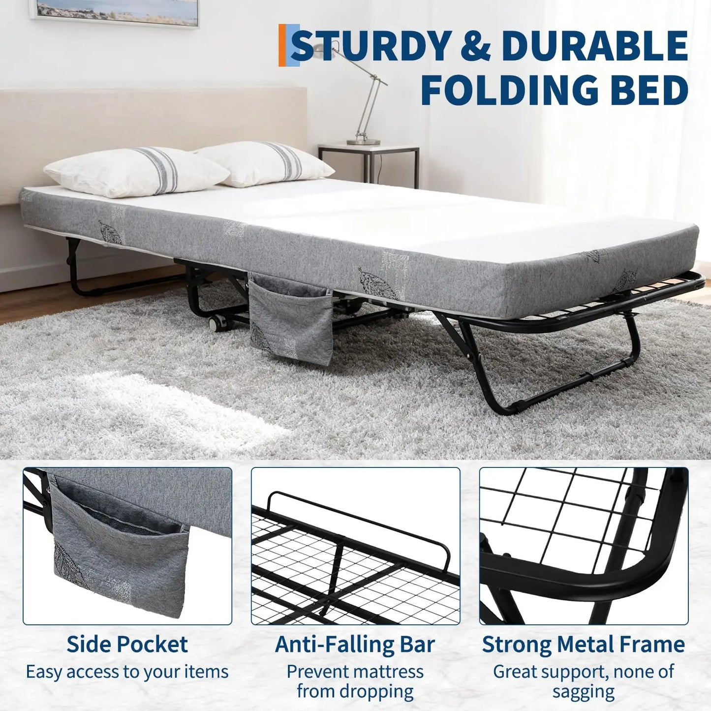 Folding Bed with Mattress, Portable Rollaway Bed with 4" Memory Foam Mattress for Adults, Foldable Guest Bed with Metal Frame, Fold Up, Roll Away, Space Saving for Outdoor
