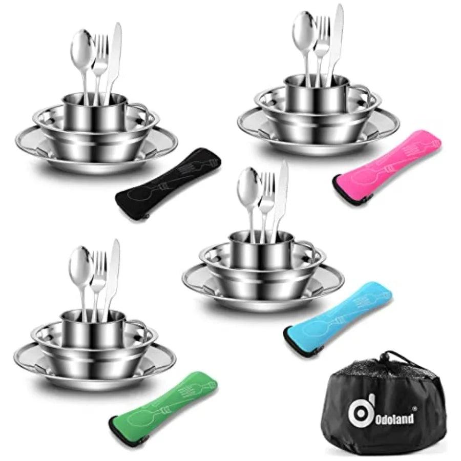 29pcs Stainl Steel Utensils Camping M Kits with Bowls Plates Cups Forks Spoons and Knives for 4, Camping Cutlery Set for Backpa