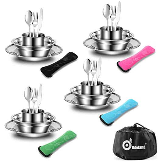 29pcs Stainl Steel Utensils Camping M Kits with Bowls Plates Cups Forks Spoons and Knives for 4, Camping Cutlery Set for Backpa