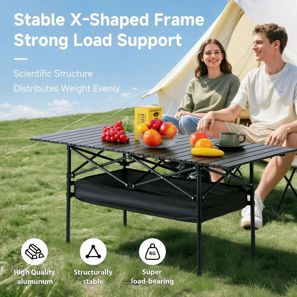 Portable Folding Camping Table, 46 Person Aluminum Outdoor Picnic Table With Storage Carry Bag, Adjustable Height Lightweight C