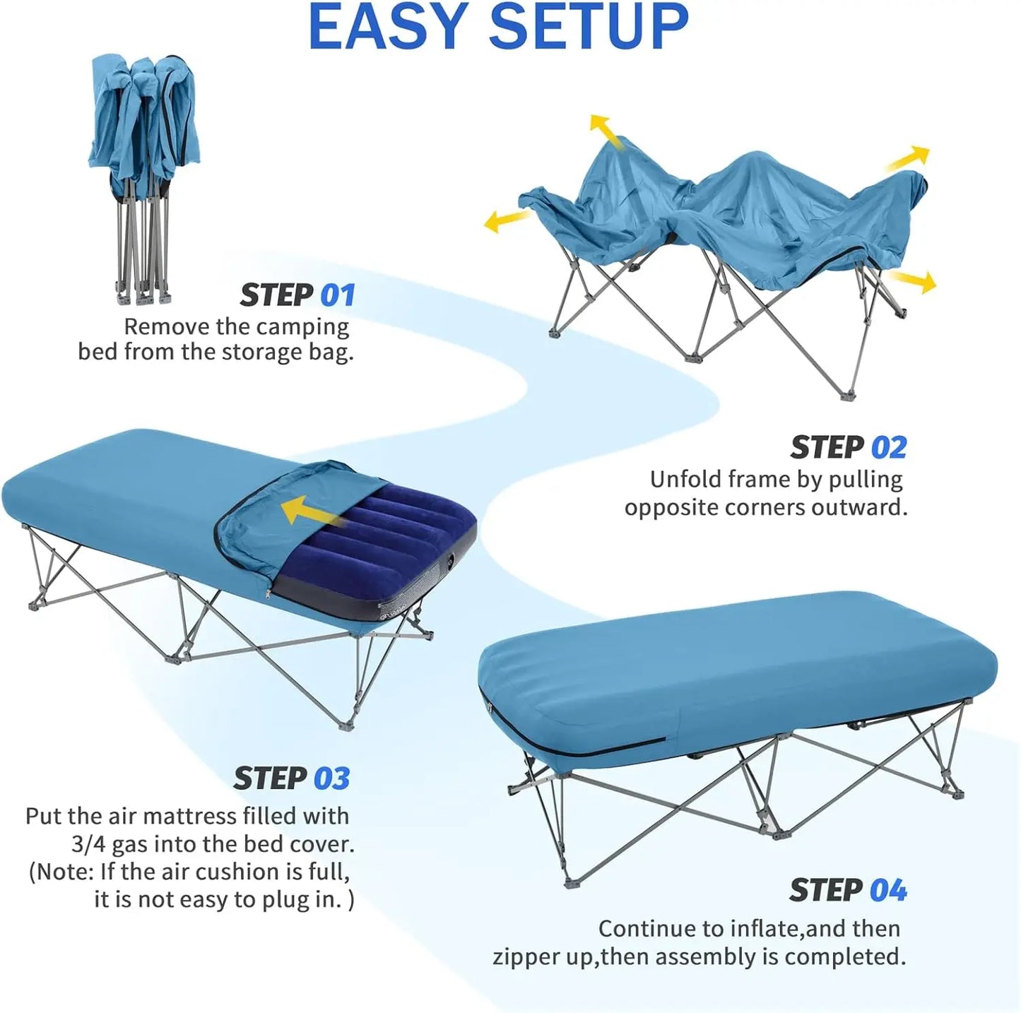 Folding Camping Cot with Inflatable Air Mattress and Carry Bag for Adults, Outdoor Travel, Camping, Beach Vacation