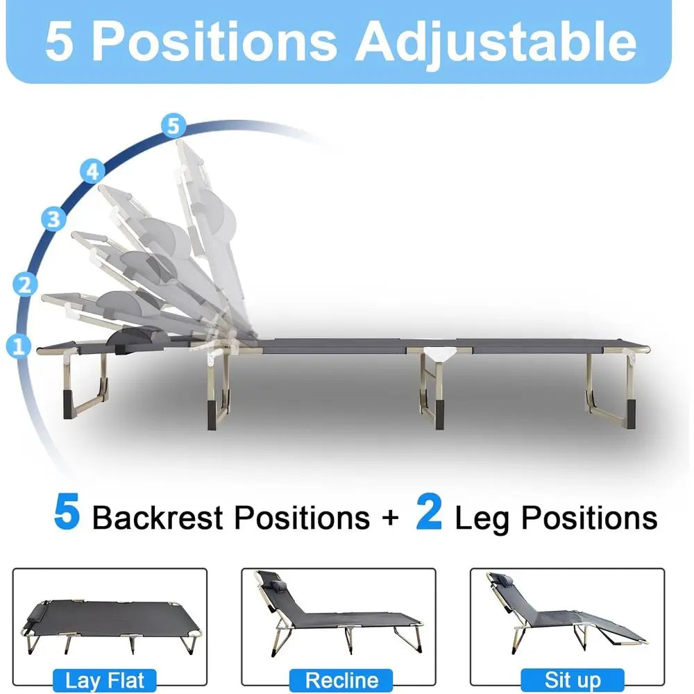 Folding Camping Cot, 28.7in 5-Position Adjustable Recliner, 500LB Capacity, 800D Oxford Cloth with Pillow & Mattress