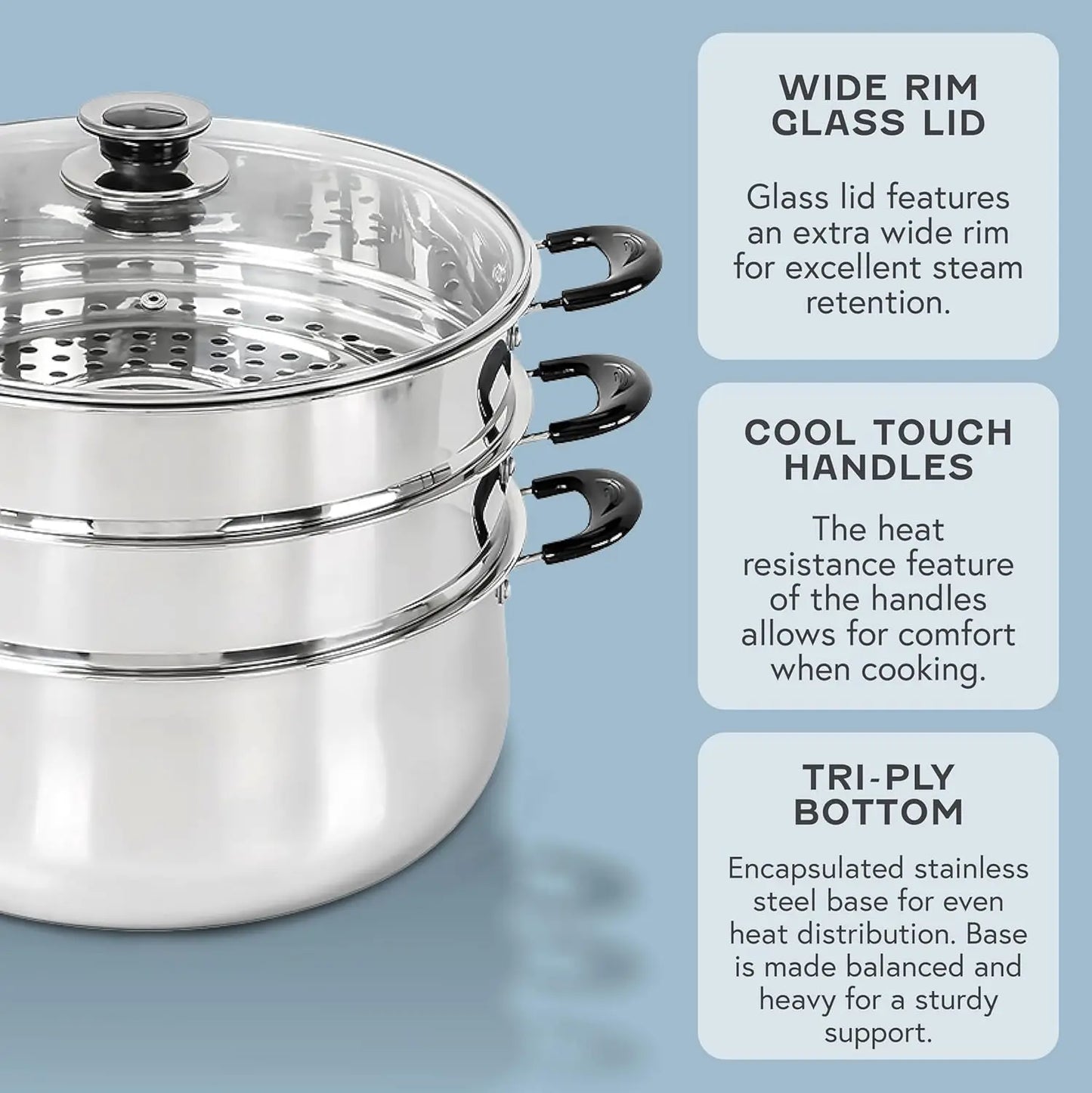 30CM Stainless Steel 3 Tier Steamer Pot Triply Bottom Cookware for Healthy Cooking