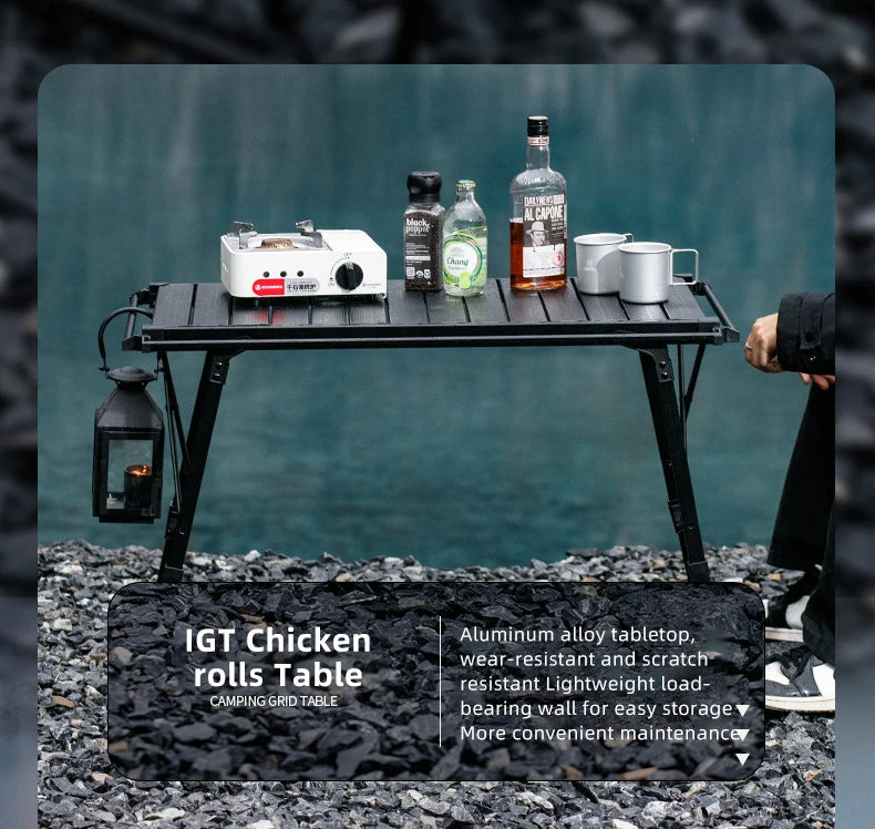 Camping folding chicken roll table aluminum alloy adjustable IGT table with stove, picnic barbecue movable table