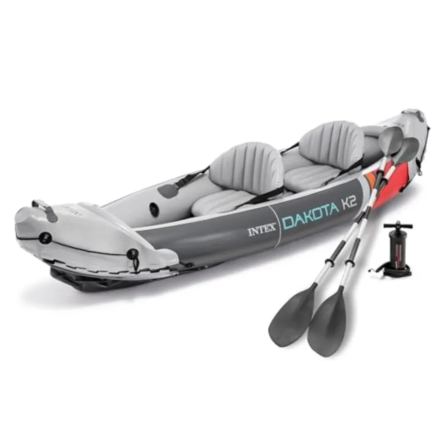 2-Person Inflatable Kayak Set for lakes and rivers, durable PVC material, gray-blue color, includes 86in oars and high-efficien