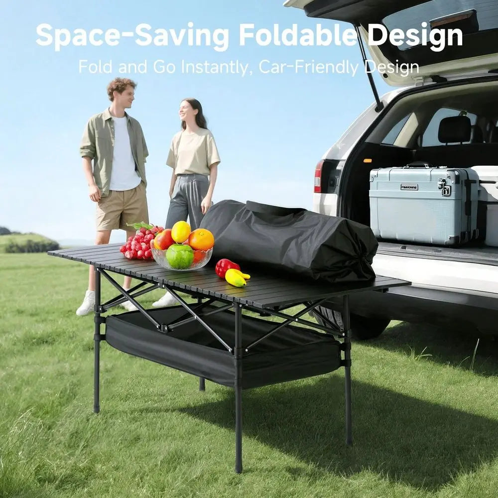 Portable Folding Camping Table, 46 Person Aluminum Outdoor Picnic Table With Storage Carry Bag, Adjustable Height Lightweight C