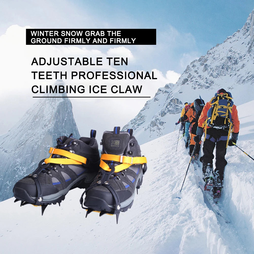 1 Pair Snow Grips Crampons Anti-Slip 10 Teeth Ice Climbing Kits Adjustable with Carry Bag for Hiking Climbing Fishing Jogging