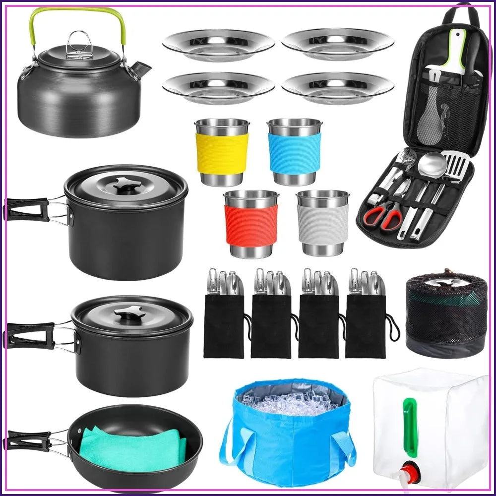 42 Pcs Camping Cookware Mess Kit, Non Stick Lightweight Pots Pan Kettle, Collapsible Water Container and Bucket, Stainless Steel Cups Plates Forks Knives Spoons for Outdoor Backpacking Picnic