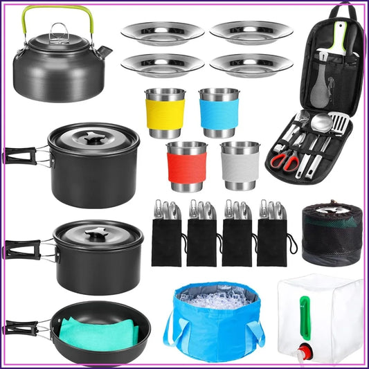 42 Pcs Camping Cookware Mess Kit, Non Stick Lightweight Pots Pan Kettle, Collapsible Water Container and Bucket, Stainless Steel Cups Plates Forks Knives Spoons for Outdoor Backpacking Picnic