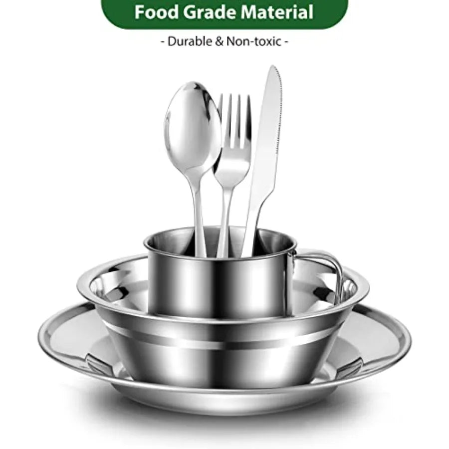 29pcs Stainl Steel Utensils Camping M Kits with Bowls Plates Cups Forks Spoons and Knives for 4, Camping Cutlery Set for Backpa