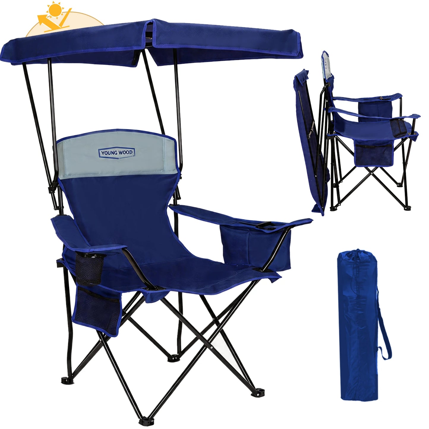 YOUNG WOOD Foldable Canopy Camping Chair Blue with Cooler Bag, Portable Outdoor Lawn Chair with Sun Shade, Cup Holder & Side Pocket, Heavy Duty Folding Beach Chair for Picnic Fishing Patio