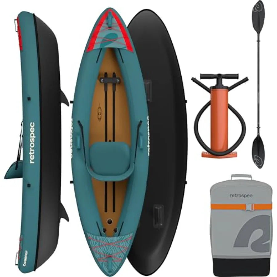 Inflatable kayak for adults, PVC material, blue color, 220lb/440lb capacity, portable lightweight design with paddle, pump and